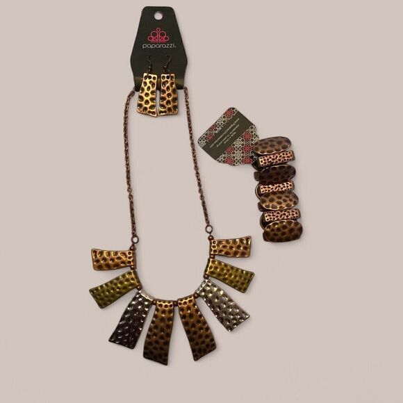 Paparazzi Necklace Earrings Bracelet Set “A Fan Of The Tribe” Hammered Copper - Picture 5 of 5
